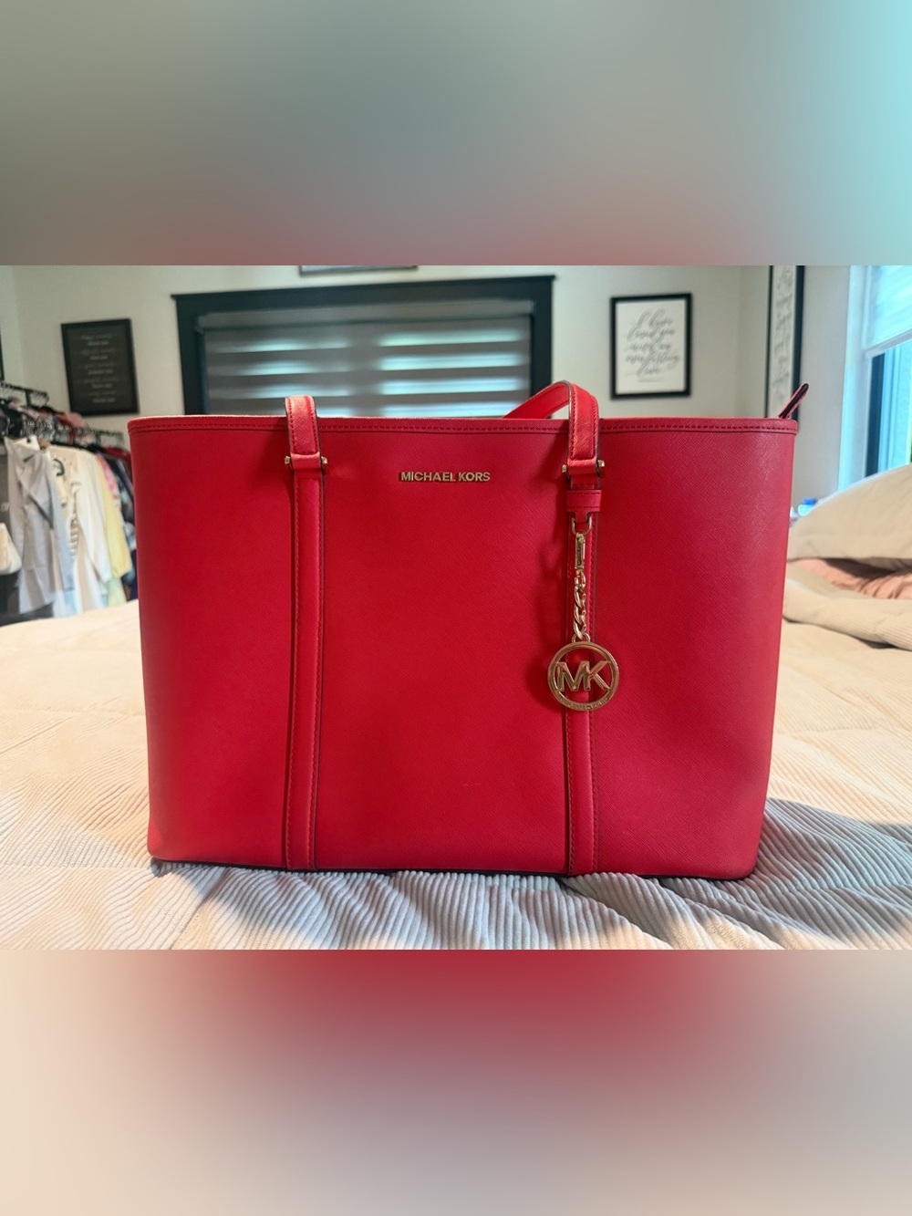 Michael Kors Bright Red Saffiano Tote with Gold MK Charm